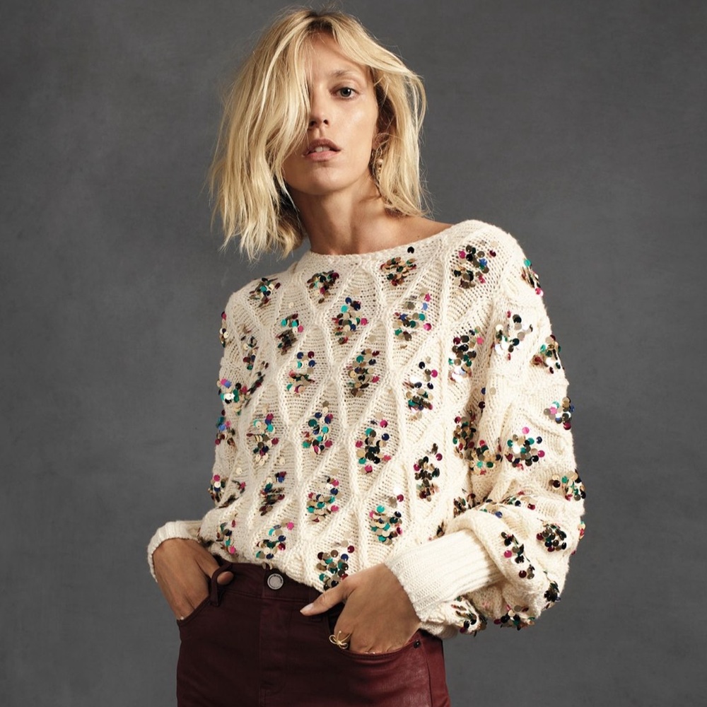 NWT Anthropologie Lara Sequined Sweater in Cream (Orig $300) - XS (Runs large)